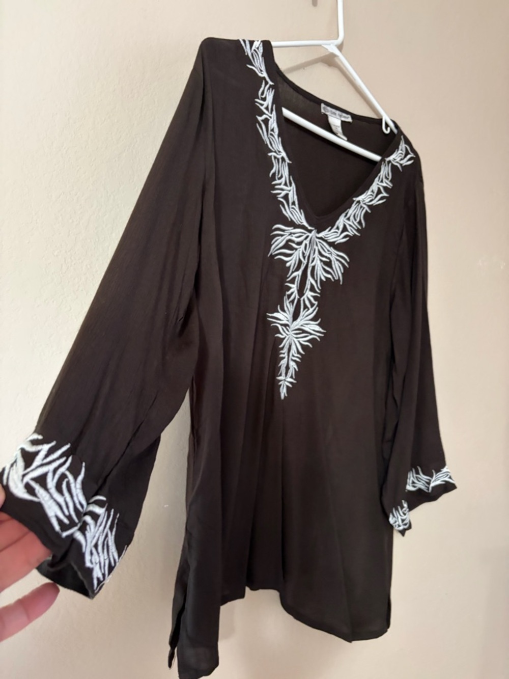 Cute Options Brown Embroidered Boho Tunic Blouse V-Neck Long Sleeve Peasant M